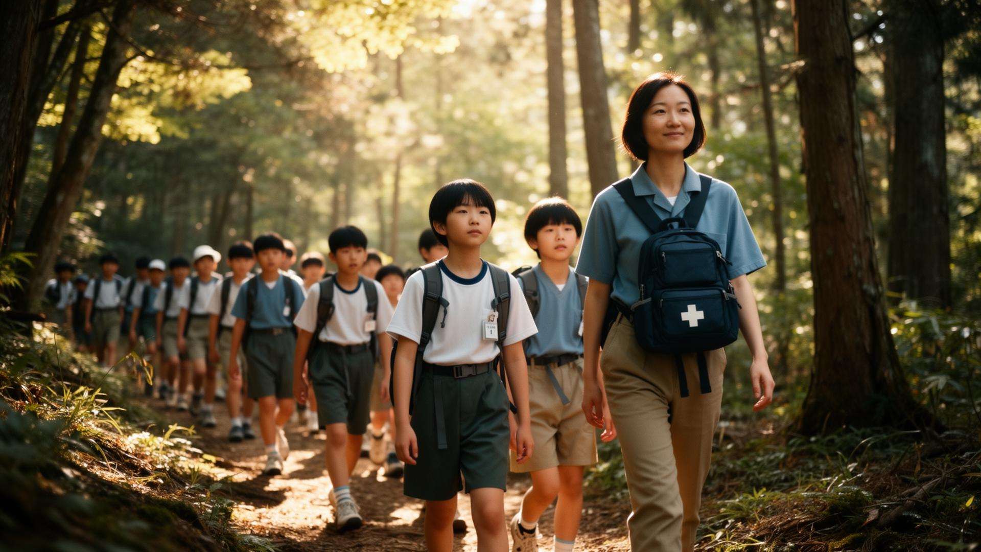 森の中を歩く修学旅行のグループと付き添いの大人