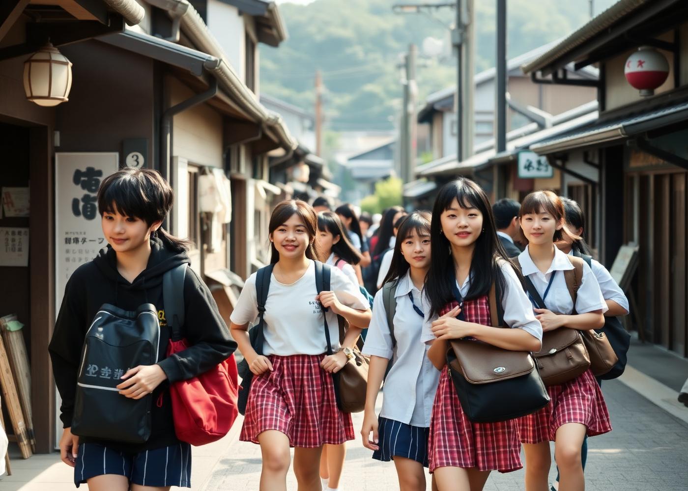 日本の街を歩く修学旅行生